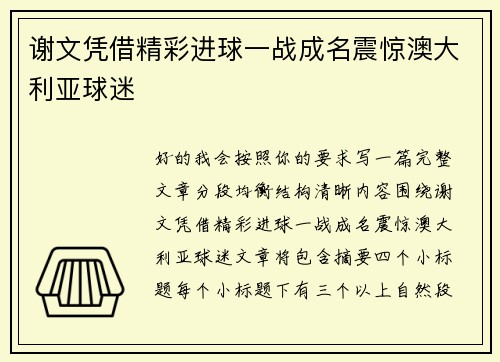 谢文凭借精彩进球一战成名震惊澳大利亚球迷