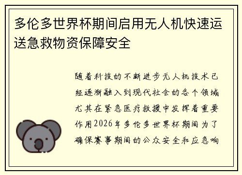 多伦多世界杯期间启用无人机快速运送急救物资保障安全